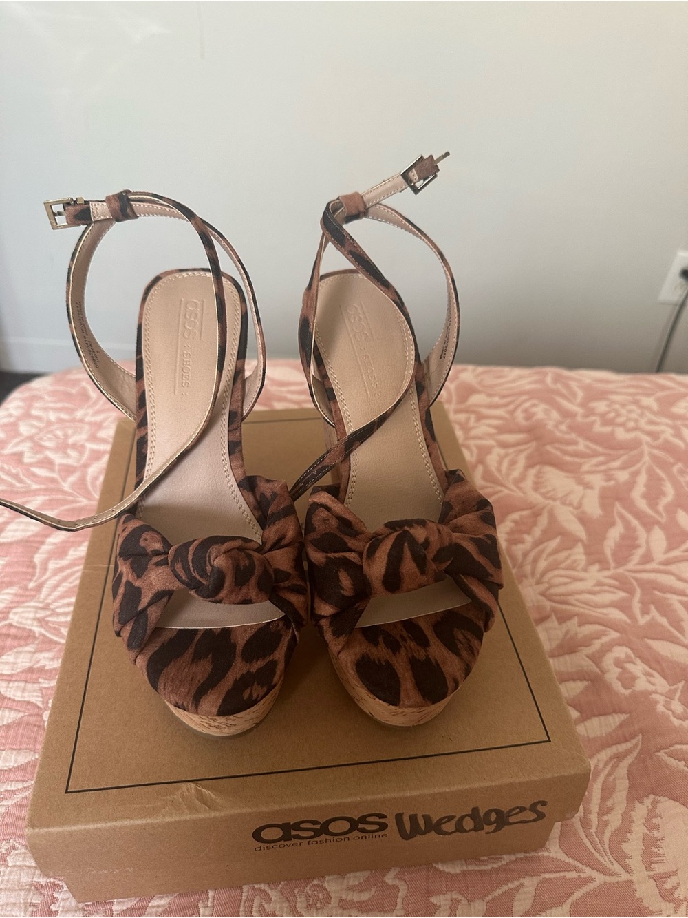 ASOS Brown Leopard Print Knotted Ankle-Strap Wedge Sandals (UK size 5) US size 7